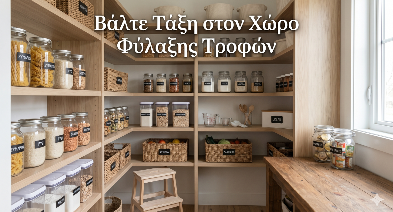 Οργανωμένος χώρος φύλαξης τροφών αλόγου με δοχεία αποθήκευσης και εργαλεία