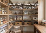 Οργανωμένος χώρος φύλαξης τροφών αλόγου με δοχεία αποθήκευσης και εργαλεία