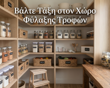 Οργανωμένος χώρος φύλαξης τροφών αλόγου με δοχεία αποθήκευσης και εργαλεία